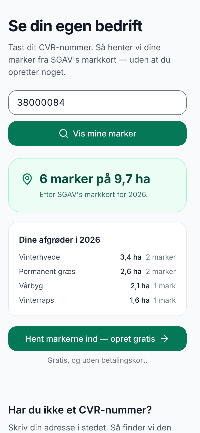 Programmets side «Se din egen bedrift»: 6 marker på 9,7 ha, med afgrøderne vinterhvede, permanent græs, vårbyg og vinterraps.